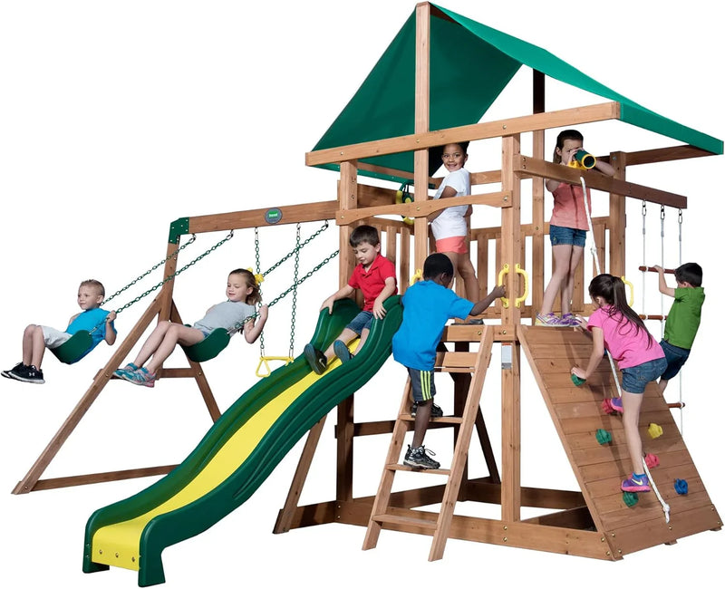 Cedar Wood Swing Set with Wave Slide, Play Deck, Double Rock Wall, Rope Ladder, Web Swing, Belt Swings, Toy Telescope, Steering Wheel, Sandbox Area, Outdoor Playset Z0354