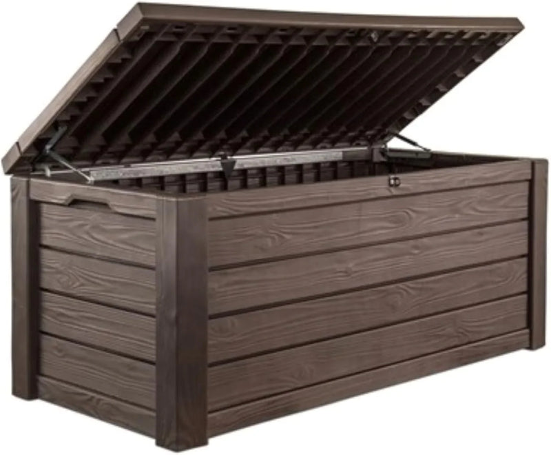 Outdoor storage deck box, 150-gallon resin deck storage box and bench, with wood-grain design, in brown color scheme D7756