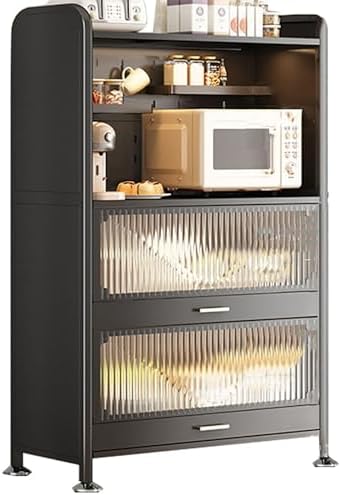 Wall Mounted Pegboard & Microwave Storage Rack - 4/5-Tier Kitchen Baker's Rack with Flip Dual Door Cabinet & Metal Shelves for Small Appliances & Kitchen Organization G3506