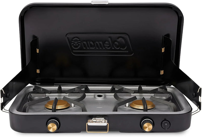 The 1900 series three-in-one propane camping stove, featuring a cast iron grill and frying pan accessories, has a power output of 24000 watts. It is equipped with an adjustable flame cover and excellent lighting device, and comes with two adjustable Y4783