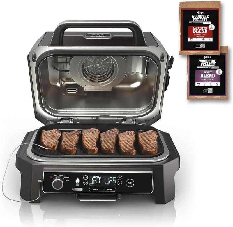 7-in-1 Grill & Smoker with Thermometer, Air Fryer, BBQ, Bake, Roast, Broil - Portable Electric Outdoor Grill, Grey W2138