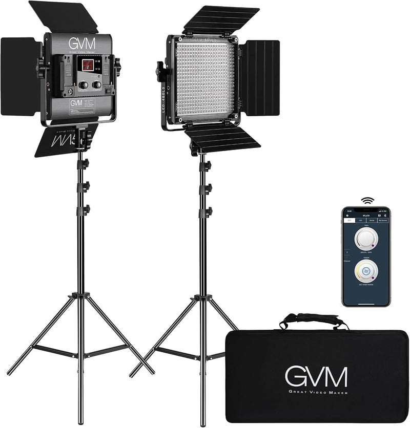 2 Pack LED Video Lighting Kits with APP Control, Bi-Color Variable 2300K~6800K with Digital Display Brightness of 10~100% for Video Photography, CRI97 TLCI97 Led Video Light Panel Barndoor F2827