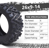 26x12x12 Atv Tires, Set of 2 Atv Tires 26x12-12 6PR, All Terrain Atv/Utv Off-Road Tires, Black