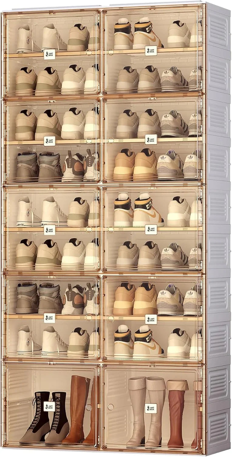 Portable shoe rack organizer, suitable for the entrance of the closet, stackable storage cabinet for sports shoes, shoe cabinet with magnetic transparent doors, large plastic storage container box (with lid), with 5 layers, can hold 20 W5480