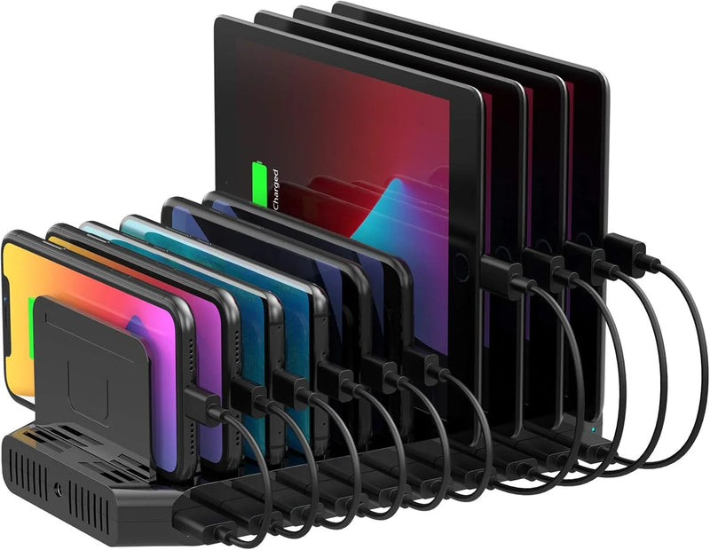 A charging interface station with 10 USB fast charging ports and adjustable partitions, suitable for charging multiple devices such as iPads, iPhones, tablets and mobile phones - 5-piece set, black P4111