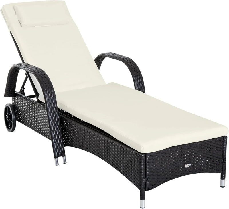 Wicker Outdoor Chaise Lounge, 5-Level Adjustable Backrest PE Rattan Pool Lounge Chair with Wheels, Cushion & Headrest, Brown and Dark Blue F4762