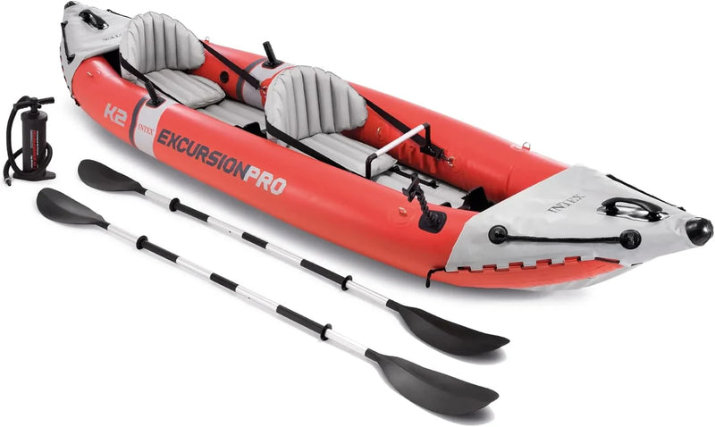 68309EP Excursion Pro K2 Inflatable Kayak Set: Includes Deluxe 86in Kayak Paddles and High-Output Pump – SuperTough PVC – Adjustable Bucket Seat – 2-Person – 400lb Weight Capacity T1824