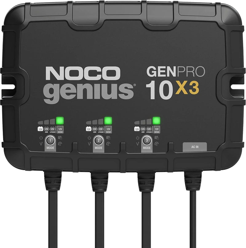 Three sets of batteries, 30-ampere built-in battery charger - Each set consists of 10-ampere, 12-volt waterproof marine charger, featuring overcharge protection and temperature compensation functions - Suitable for lead-acid batteries and X0926