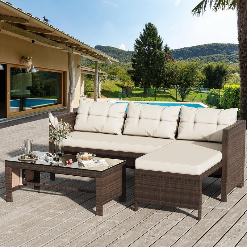 Outdoor Patio Furniture Sets, Wicker Patio sectional Sets 3-Piece, All Weather Wicker Rattan Patio Seating Sofas with Glass Coffee Table and Cushion (Beige) K1355