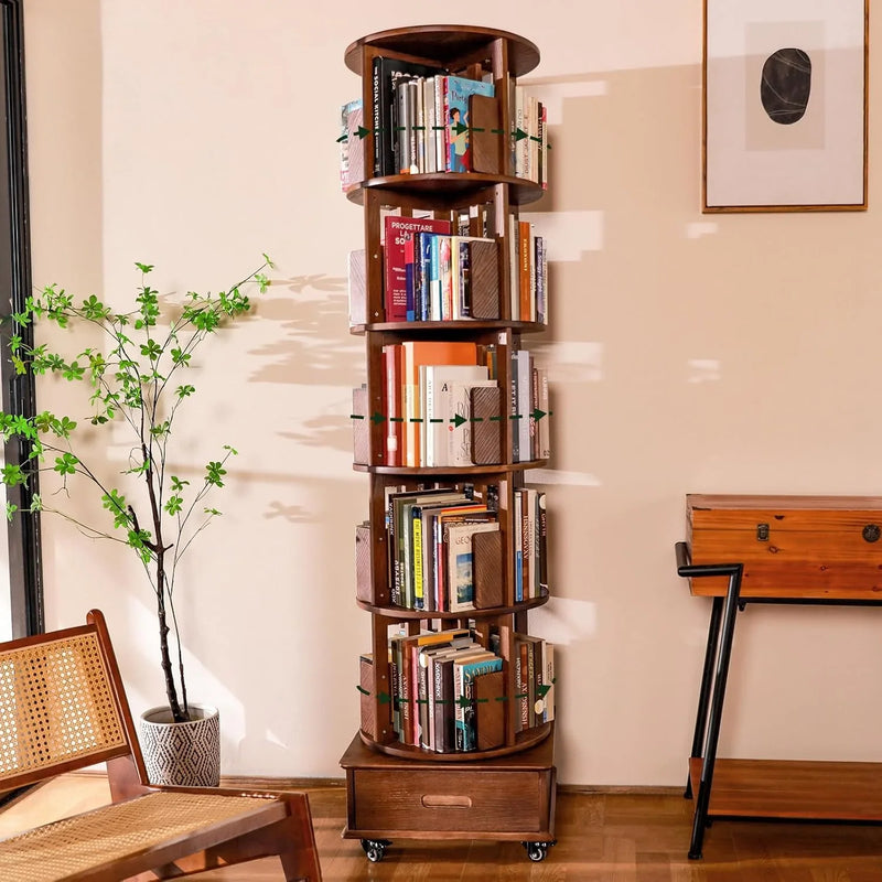 Solid wood rotating bookshelf, 360° display cabinet, with 1 drawer, rotating bookshelf tower with wheels, 72-inch high bookcase suitable for small spaces, rotating bookshelf for home office, walnut finish A541