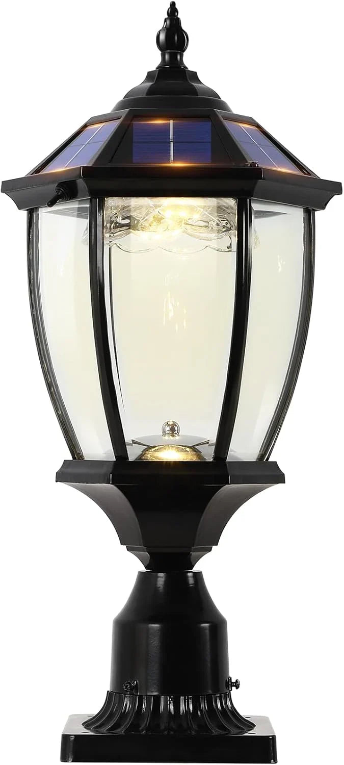 2-Heads Outdoor Solar Lamp Post Lights with Dusk to Dawn Sensor, Classic Exterior Solar Pole Lights with Waterproof, Black Street Lights with Clear Glass for Garden, Patio, Pathway, Driveway K9526