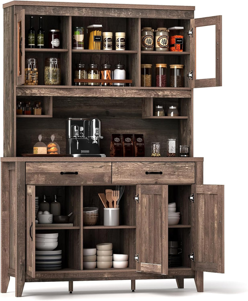 78.5-inch high kitchen cabinet storage unit, large storage cabinet with glass doors, equipped with drawers and adjustable shelves. The wooden kitchen storage unit has a microwave shelf, suitable for a home coffee bar. L2810