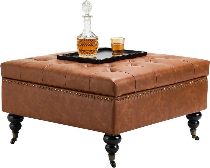 Square leather footstool with storage function, coffee table-style footstool with soft padded raised buttons, equipped with wheels, polyurethane leather high-density sponge, suitable room, dormitory, bedroom, in brown color scheme. L4725