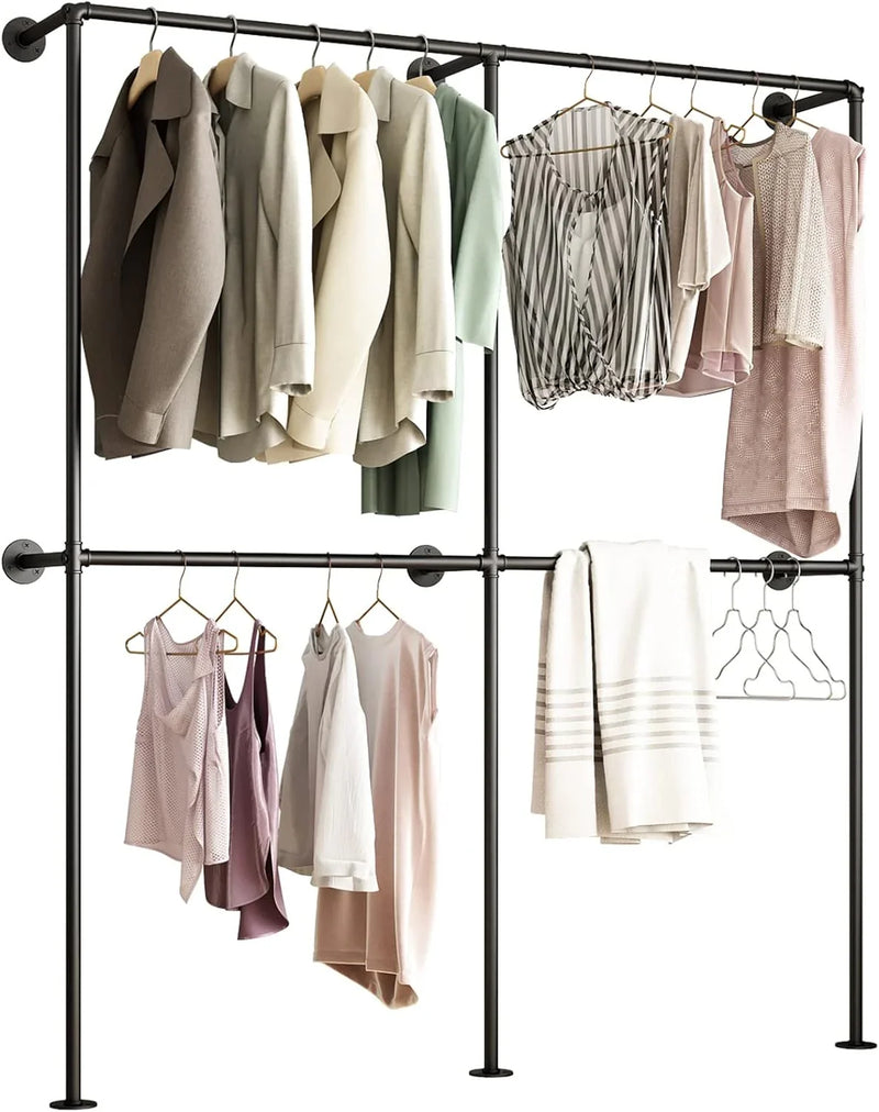 Industrial-style wall-mounted pipe clothes hanger, wall-mounted clothes hanger with double hanging rods, for closet storage (gold) T1865