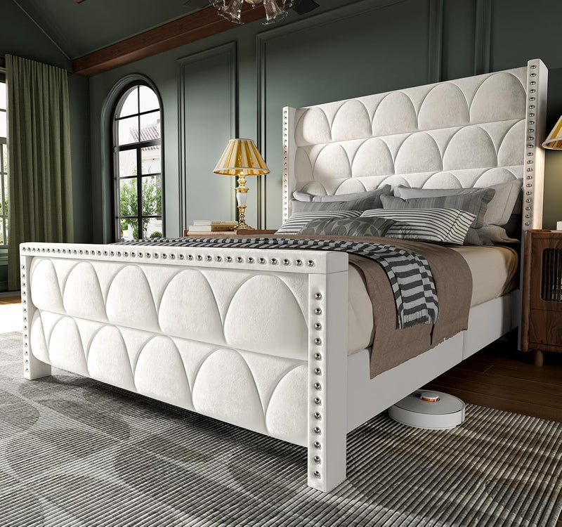 King Size Bed Frame with 56" Headboard - 1000LBS Capacity Support, Velvet Upholstered Wingback Platform Bed Frame, Noise Free, Sturdy Wooden Slat Support O0070