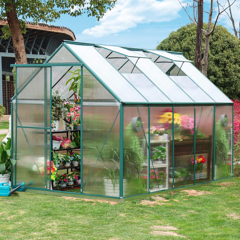 6'x10' Walk-in Greenhouse with 4mm 800G Polycarbonate Panels - Heavy-Duty Aluminum Frame, Wind/Snow Resistant for Gardening, Includes Sliding Door & Ventilation Windows (Green) I7897