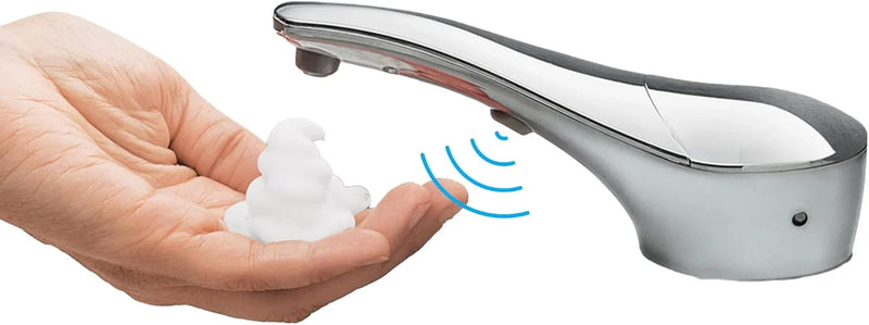 Automatic liquid soap dispenser, with a top-mounted contactless soap nozzle, capacity 34 ounces (1.0 liters), can be placed on the countertop of a public restroom, installation diameter 1-3/8 inches, chrome surface treatment. Q1173