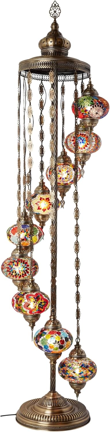 Turkish Moroccan mosaic floor lamp, with 9 lampshades and 6 feet in height - a Tafini-style standing decorative Bohemian-style lamp, equipped with colored lampshades, suitable for bedrooms, living rooms, and entrances - handmade in Turkey, available I9049