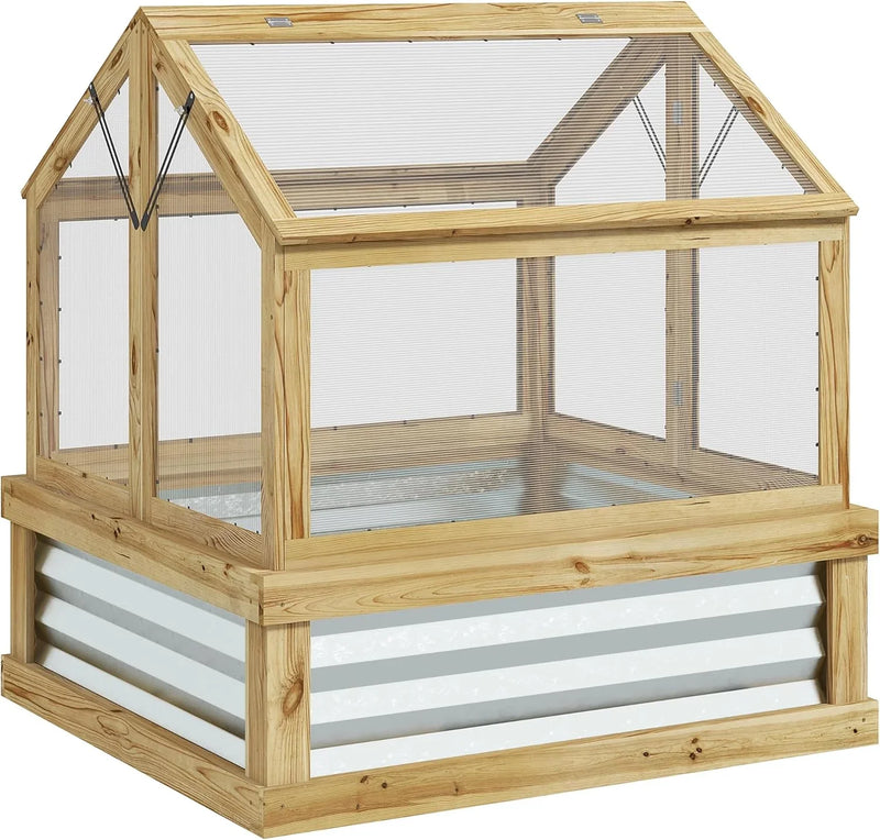 Raised Garden Bed with Polycarbonate Greenhouse, Wooden Cold Frame Greenhouse, Garden Flower Planter Protection, Peak Roof, 35.5" x 31.5" x 36", Natural T8681