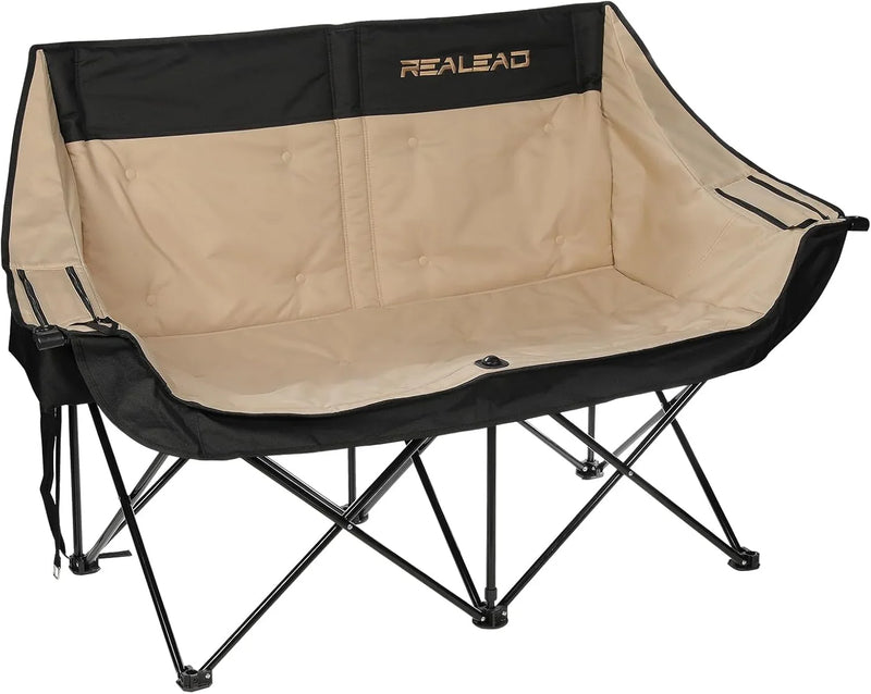 Double camping chair - Large-sized adult camping couple seat cushion suitable for two people. 650 pounds load-bearing capacity - Heavy-duty foldable camping chair, equipped with a cooling bag, suitable for outdoor activities and beach use. F4822