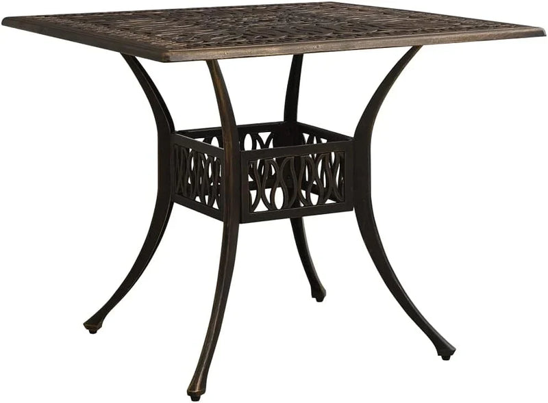 Bronze terrace table, made of cast aluminum, suitable for outdoor use, square design, stable and durable, with dimensions of 35.4 inches × 35.4 inches × 28.7 inches, equipped with umbrella holes, requires assembly. V1198