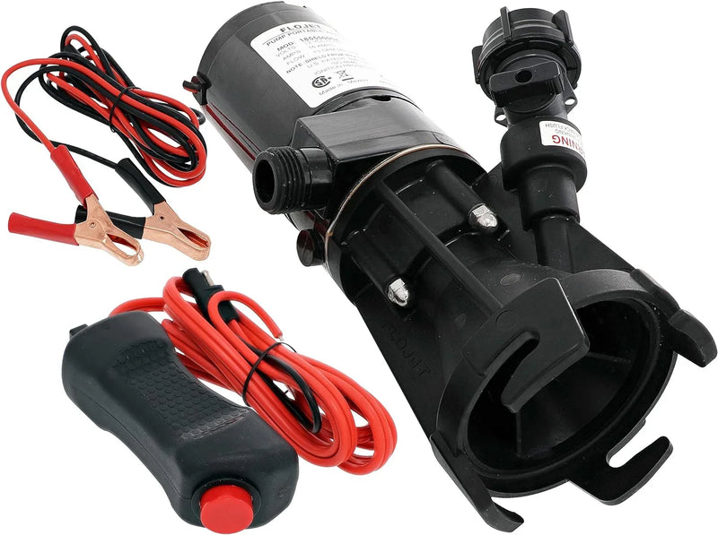 18555-000A - 12V DC waste pump, suitable for camper vans / motorhomes - Can empty a 40-gallon water tank in 5 minutes - Output flow rate 9 gallons per minute - 3/4 inch garden hose interface - Stainless steel grinder, self-priming, remote switch Y5509