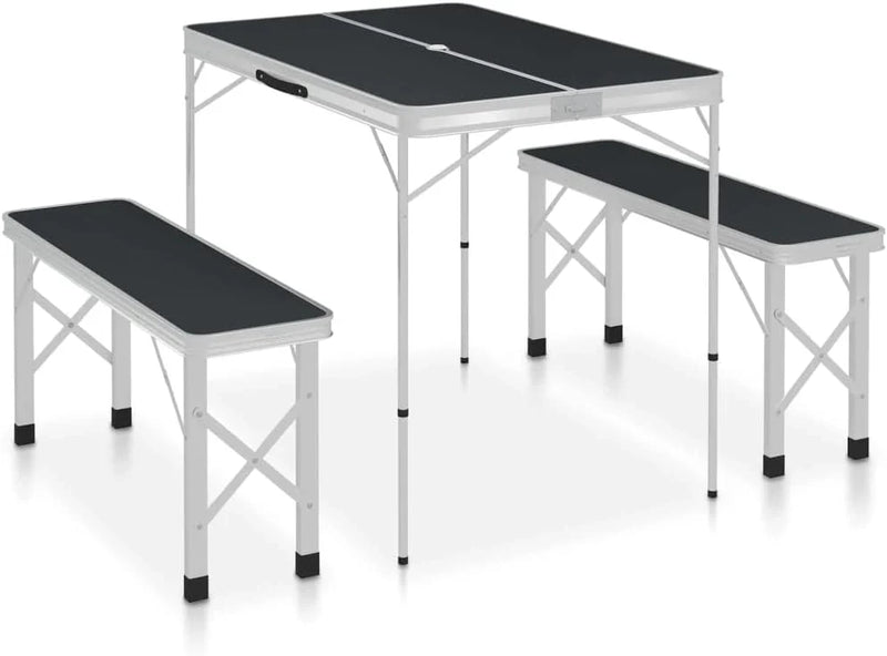 Folding Camping Table with 2 Benches Aluminium Grey,Item colourGrey and Silver A8389