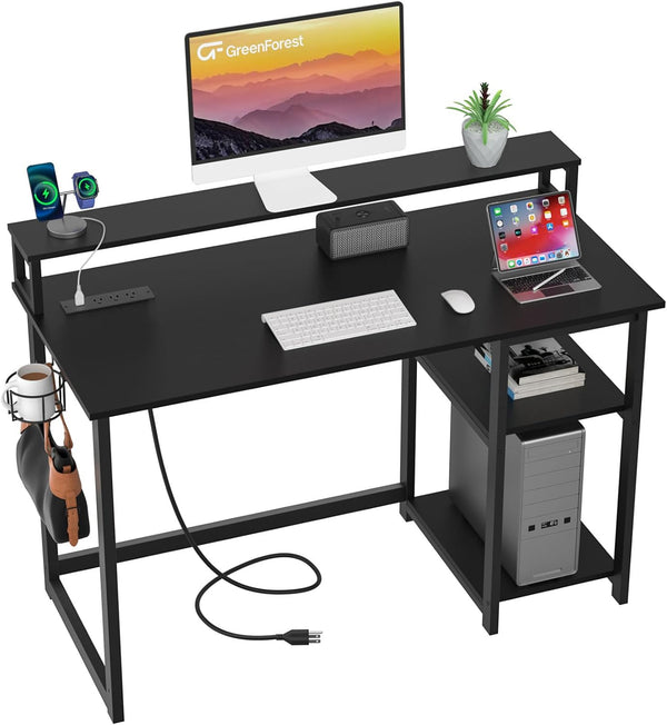 47 inch Computer Desk with Power Outlets, Small Home Office Desk with Ergonomic Monitor Stand, Reversible Gaming Desk, Modern Study Desk, Laptop Desk, White Z1250