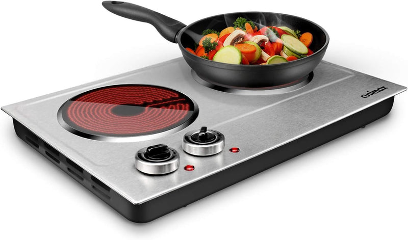 Hot Plate,1800W Ceramic Electric Hot Plate for Cooking, Dual Control Infrared Cooktop, Portable Countertop Burner, Glass Plate Electric Cooktop, Silver, Stainless Steel H5277