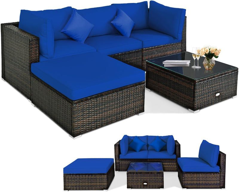 5 pieces of outdoor patio furniture, L-shaped rattan three-seater sofa with tempered glass coffee table, footstool, 3 single chairs, rattan outdoor party set, suitable for backyard, porch, balcony, black version X5639