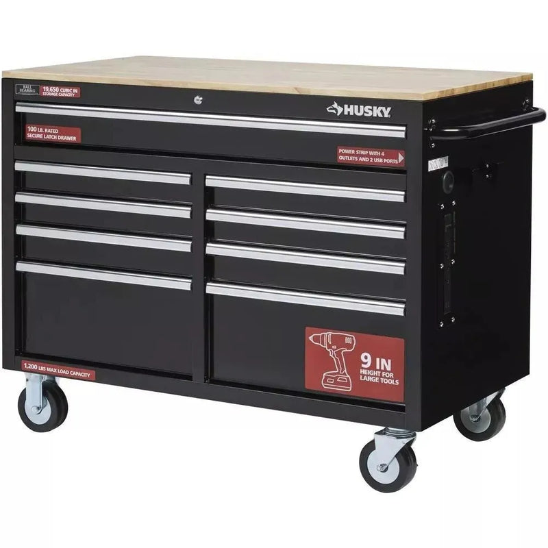 46 in. W x 24 in. D 9-Drawer Gloss Black Deep Tool Chest Mobile Workbench P0402
