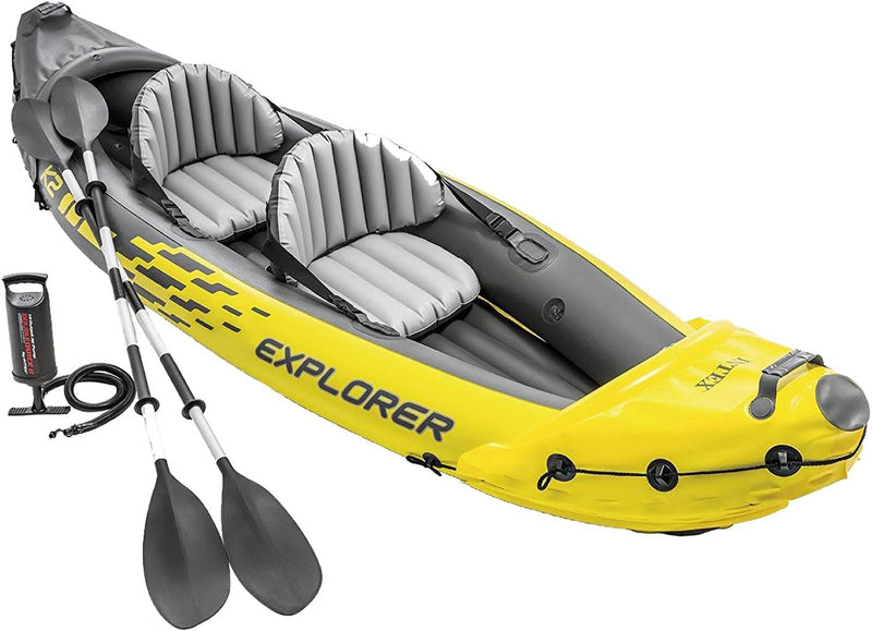 Explorer K2 Inflatable Kayak Set: Includes luxurious 86-inch aluminum paddle and high-output pump - extremely durable PVC material - adjustable seat with backrest - suitable for two people - maximum weight capacity 400 pounds E3855