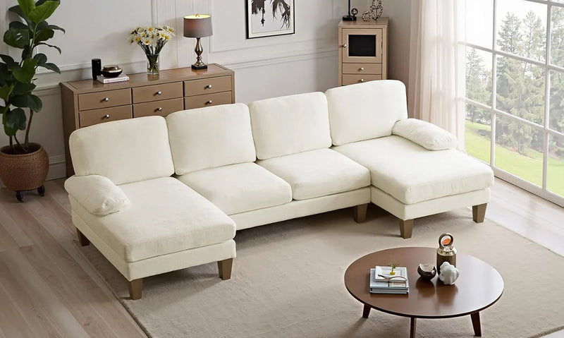 110" Sectional Couches Room,U Shaped Couch with Double Chaise, 4-Seat Sofa Set with Chenille Fabric for Home Furniture,Beige Q7478