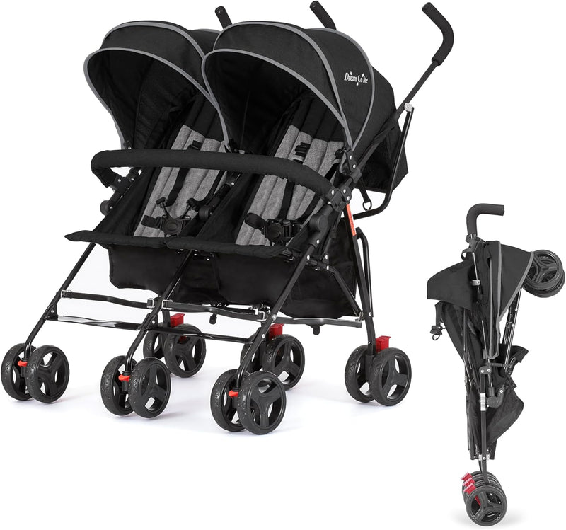 Twin Umbrella Stroller in Black, Lightweight Double Stroller for Infant & Toddler, Compact Easy Fold, Large Storage Basket, Large and Adjustable Canopy F7669