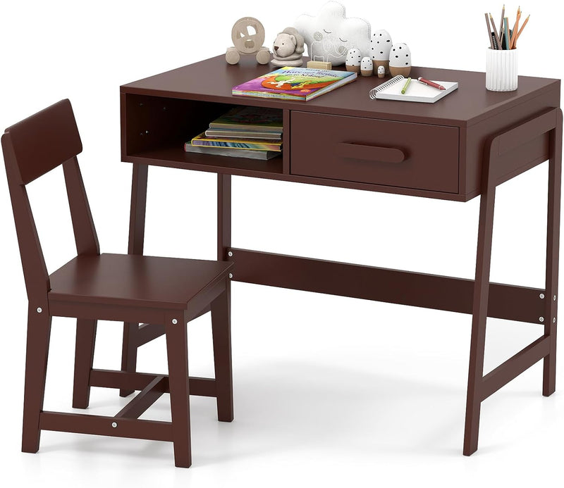Kids Desk and Chair Set, Wooden Children School Study Table and Chair w/Storage Drawer & Hutch, Student Writing Desk Computer Workstation for Bedroom, Gift for 3 Years Old (White) M3883