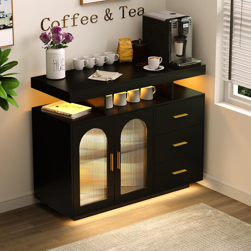 Bar Cabinet Kitchen Storage Cabinet with RGB Light, Human Sensor Design Sideboard Buffet Cabinets, Wood Coffee Bar Table with Shelf Capacity (Black) C7931