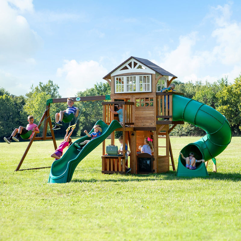 Kids' Bristol Point Cedar Wood Swing Set with Swing Beam, Upper & Lower Fort, Rock Wall & Slide Play for up to 11 Kids Z6394
