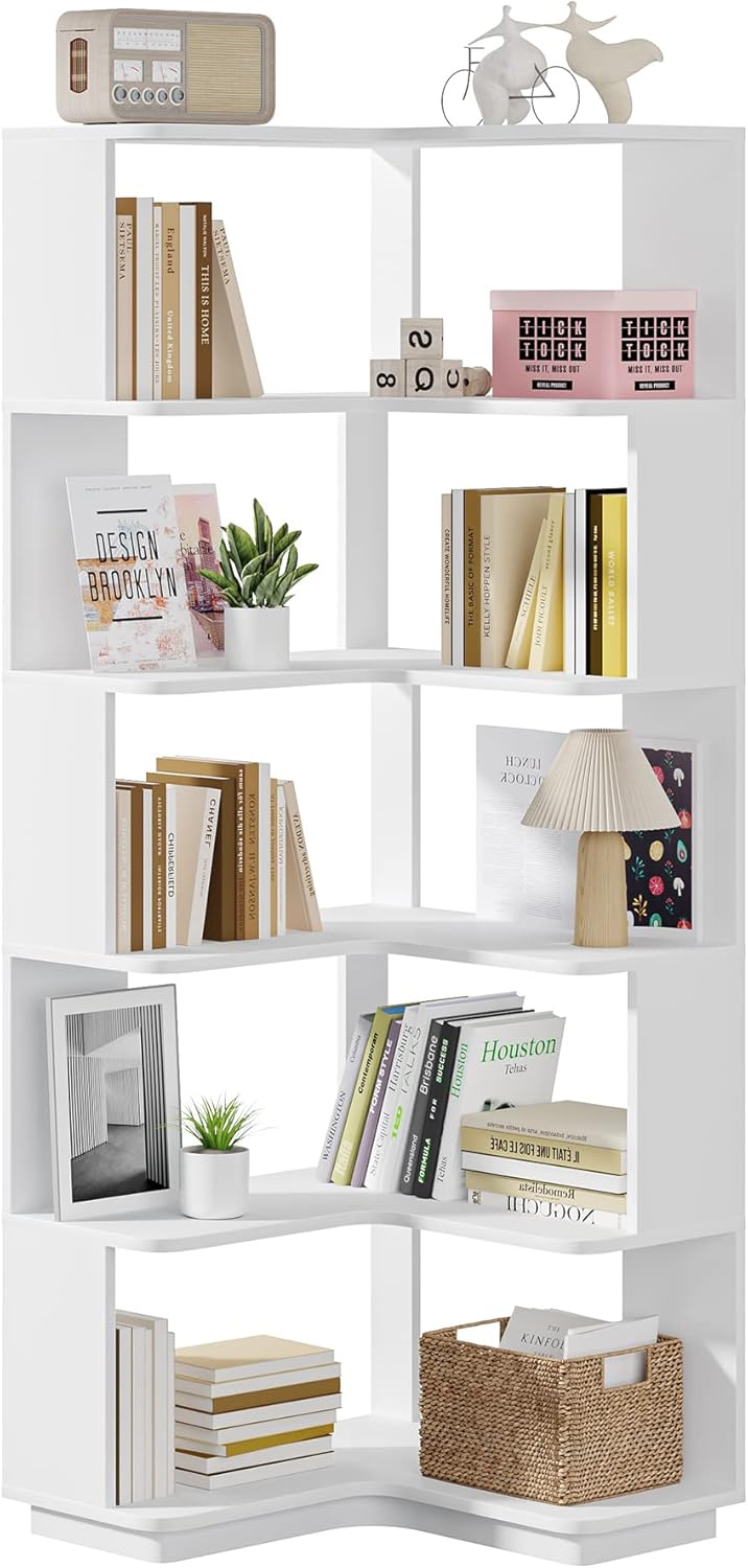 Tribesigns 6-Tier Corner Bookshelf, 64.9 Inch Tall Bookcase with Anti-Drop Panel, Modern Freestanding Corner Shelf Display Rack Storage Organizer for Home Office, Living Room, WhiteTribesigns 6-Tier Corner Bookshelf, 64.9 Inch Tall J6598