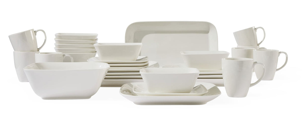 Cornerbrook Square Stoneware Dinnerware Set with Serveware, Serves 8, 34-pc, Warm White