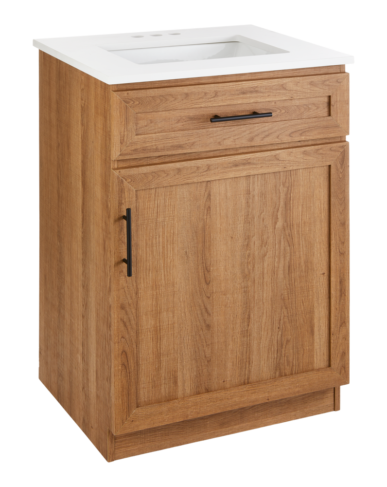 Danville Single Door Single Sink Stone Top Bathroom Vanity, Honey Oak, 24-in J1762
