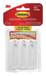 Adhesive Sawtooth Picture Hanging Hooks with Adhesive Strips, White, 4-lbs, 3 Strips per Pack