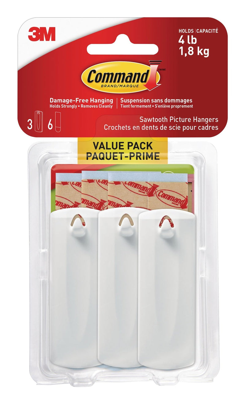 Adhesive Sawtooth Picture Hanging Hooks with Adhesive Strips, White, 4-lbs, 3 Strips per Pack D5388