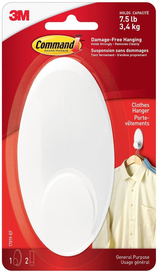 Large Clothes Hanger Organizing Hook with Adhesive Strips, White, 7.5-lbs, 1 Strip per Pack B4932