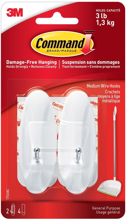 Medium General Purpose Wire Hooks with Adhesive Strips, White, 3-lbs, 2 Strips Per Pack O3458