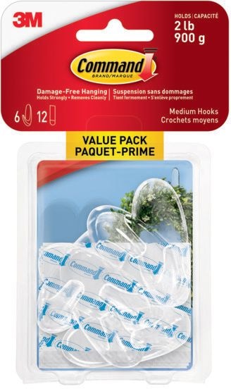 Medium Hooks Value Pack with Adhesive Strips, Clear, 2-lbs, 6 Strips per Pack A2981