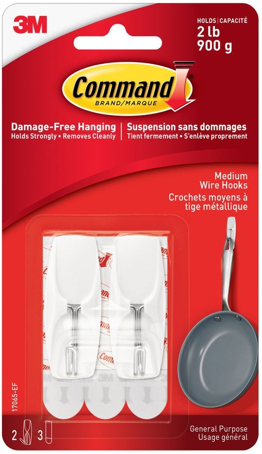 Medium Wire Toggle Hooks with Adhesive Strips, White, 2-lbs, 2 Strips per Pack U7550