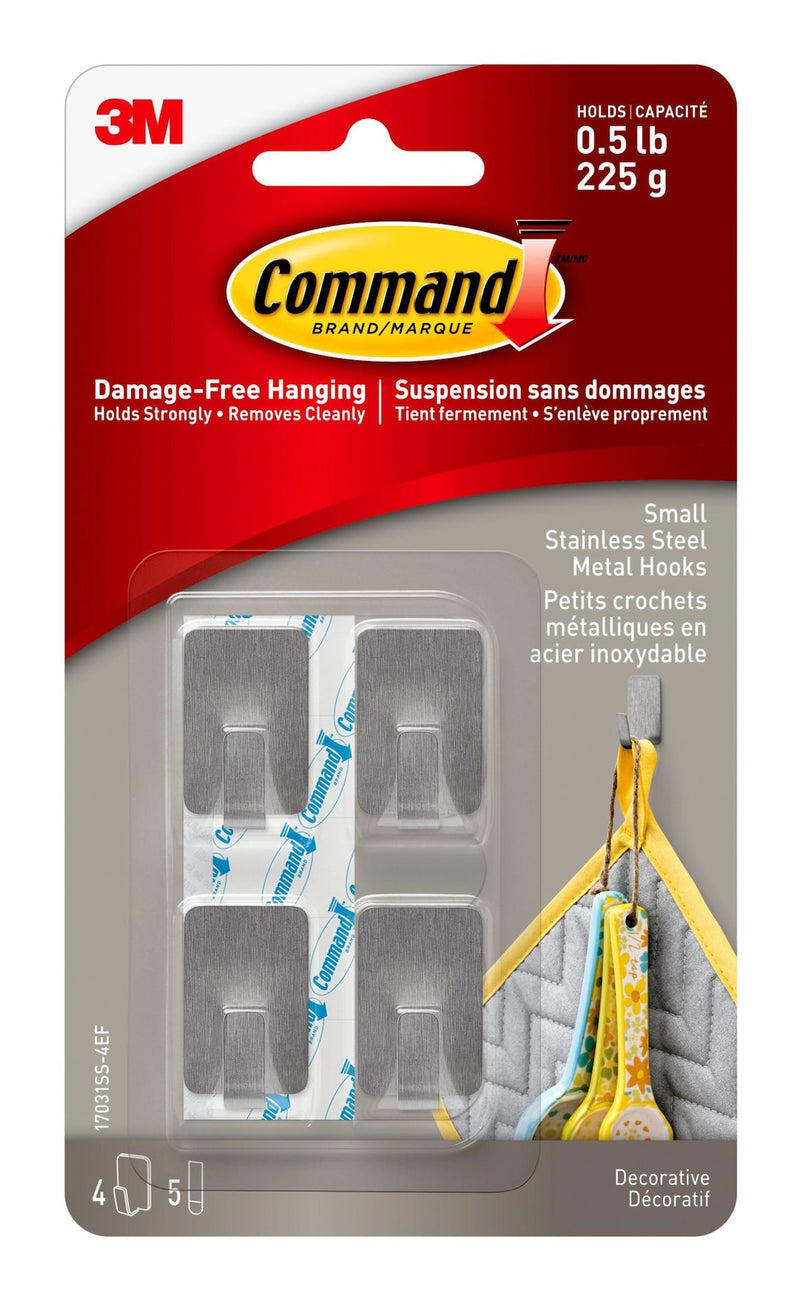 Small Stainless Steel Metal Hooks with Adhesive Strips, Silver, 0.5-lbs, 4 Strips per Pack C293