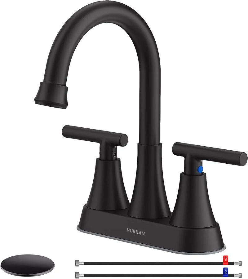 Bathroom Faucets for Sink 3 Hole, Hurran 4 inch Matte Black Bathroom Sink Faucet with Pop-up Drain I5642