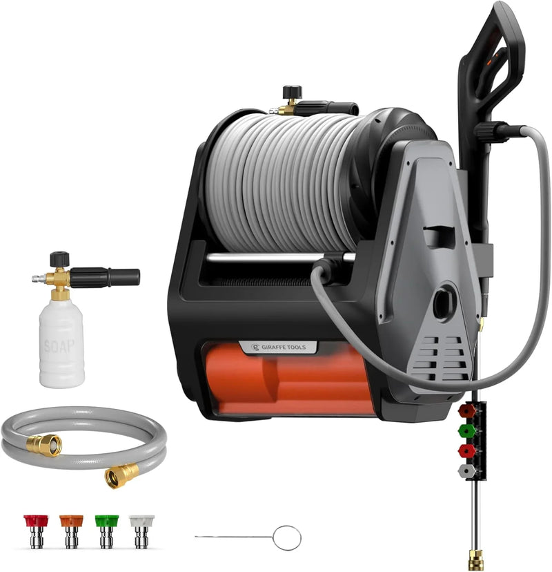 Pressure Washer Pro, Electric Wall Mount Power Washer with 100FT Retractable Pressure Hoses, 3300PSI, 1.6GPM, 4 Nozzles, Foam Cannon for Cars/Patios, Dark Silver Y5079