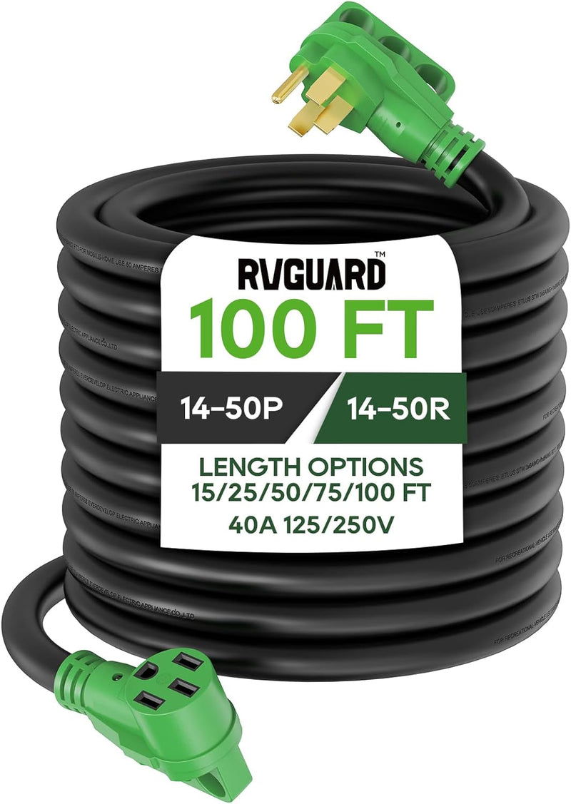 40 Amp 100 Foot RV/EV Extension Cord, NEMA 14-50P/R Heavy Duty Extension Cord with LED Power Indicator and Cord Organizer, Green M8030